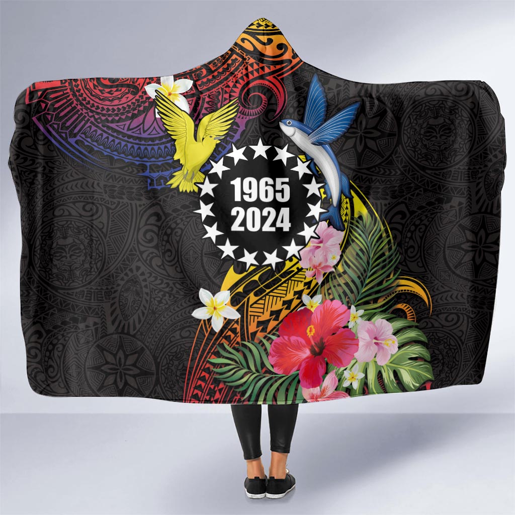 Cook Islands Independence Day Hooded Blanket Maroro and Kakaia with Hibiscus Flower Polynesian Pattern