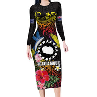 Cook Islands Independence Day Long Sleeve Bodycon Dress Maroro and Kakaia with Hibiscus Flower Polynesian Pattern LT03 Long Dress Black - Polynesian Pride