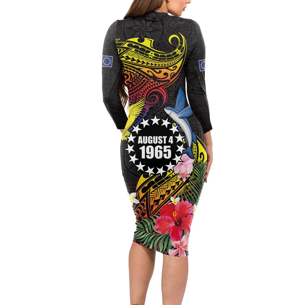 Cook Islands Independence Day Long Sleeve Bodycon Dress Maroro and Kakaia with Hibiscus Flower Polynesian Pattern LT03 - Polynesian Pride