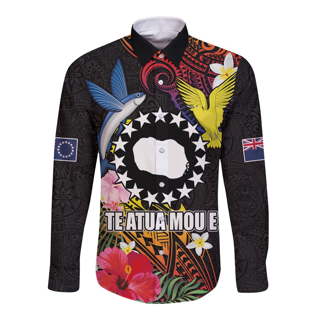 Cook Islands Independence Day Long Sleeve Button Shirt Maroro and Kakaia with Hibiscus Flower Polynesian Pattern