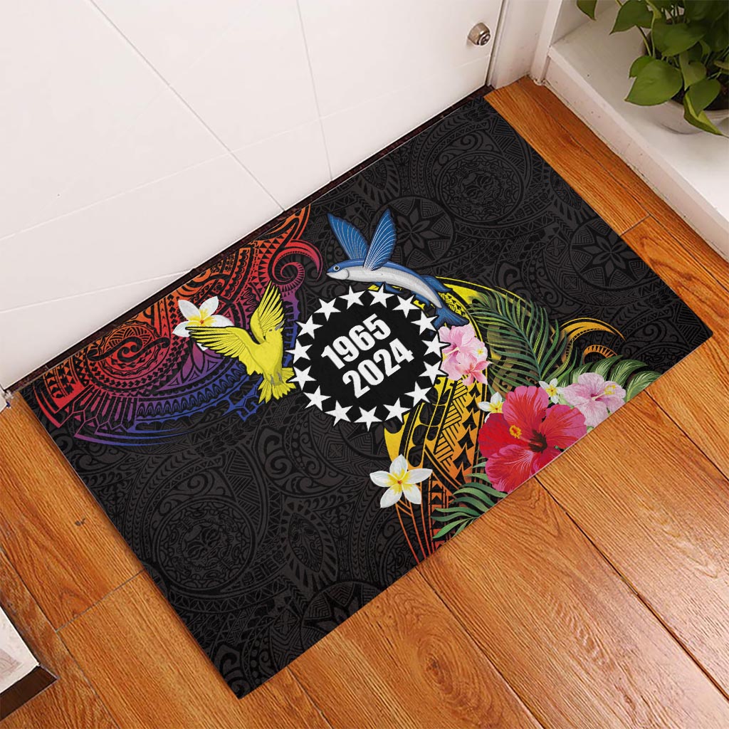 Cook Islands Independence Day Rubber Doormat Maroro and Kakaia with Hibiscus Flower Polynesian Pattern