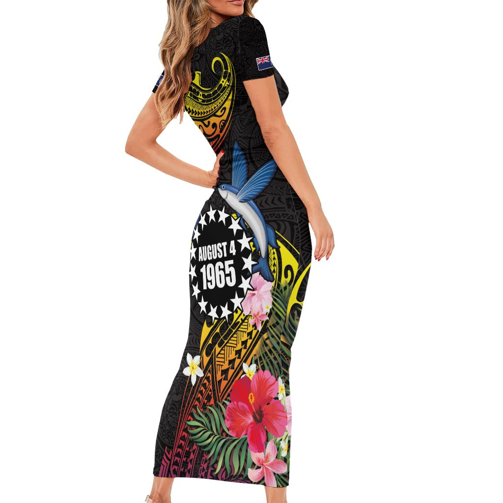 Cook Islands Independence Day Short Sleeve Bodycon Dress Maroro and Kakaia with Hibiscus Flower Polynesian Pattern