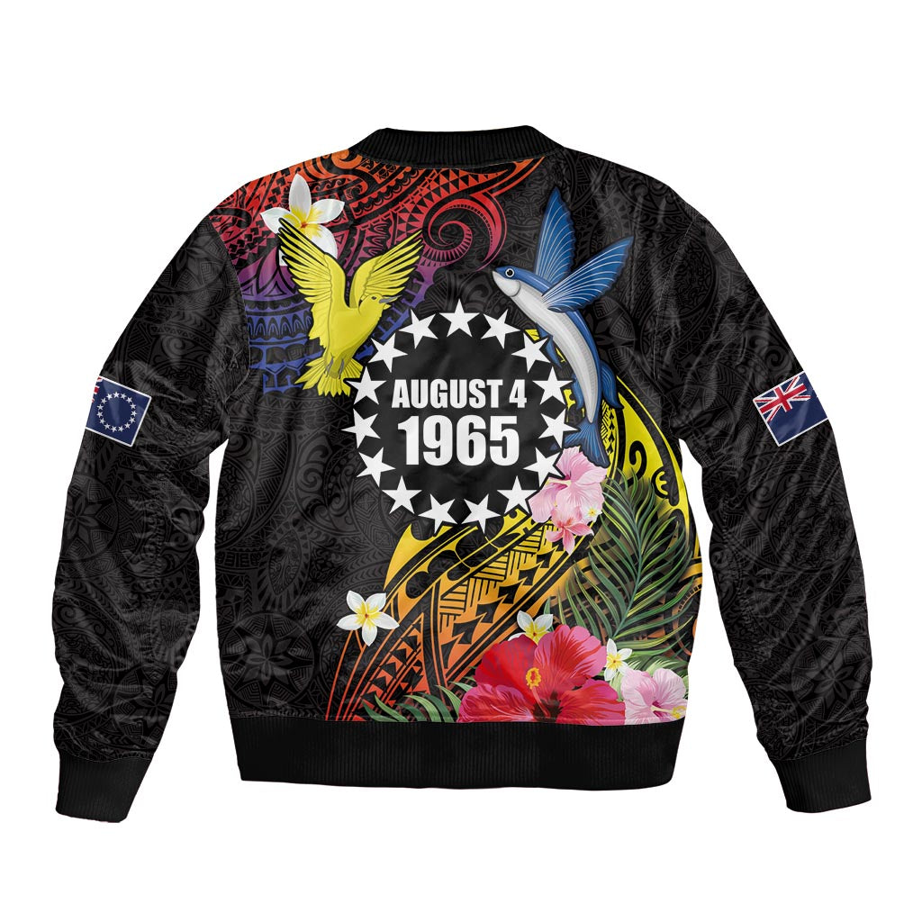 Cook Islands Independence Day Sleeve Zip Bomber Jacket Maroro and Kakaia with Hibiscus Flower Polynesian Pattern