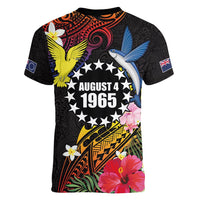 Cook Islands Independence Day Women V-Neck T-Shirt Maroro and Kakaia with Hibiscus Flower Polynesian Pattern