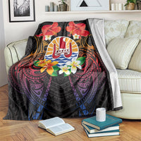 French Polynesia Bastille Day Blanket Tiare Flower and National Seal Polynesian Pattern LT03 Black - Polynesian Pride