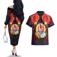 French Polynesia Bastille Day Couples Matching Off The Shoulder Long Sleeve Dress and Hawaiian Shirt Tiare Flower and National Seal Polynesian Pattern