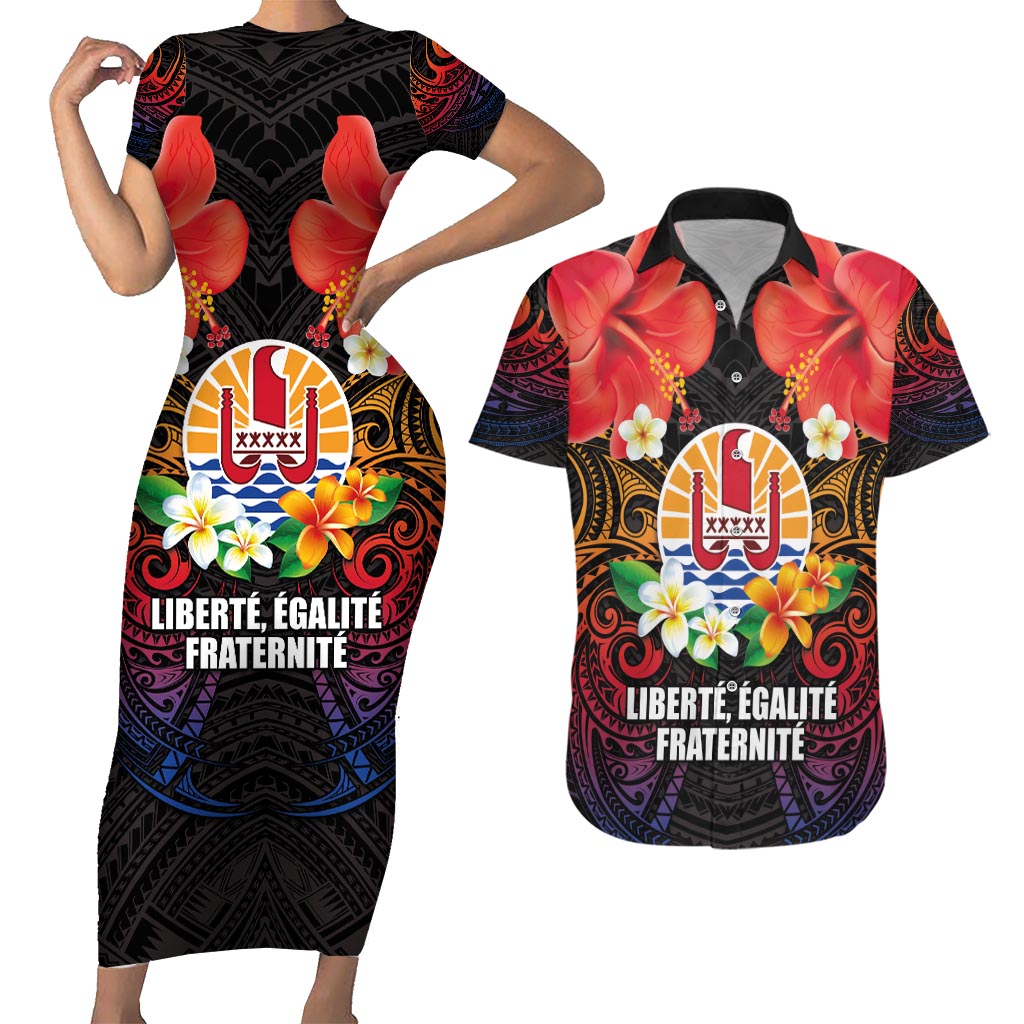 French Polynesia Bastille Day Couples Matching Short Sleeve Bodycon Dress and Hawaiian Shirt Tiare Flower and National Seal Polynesian Pattern