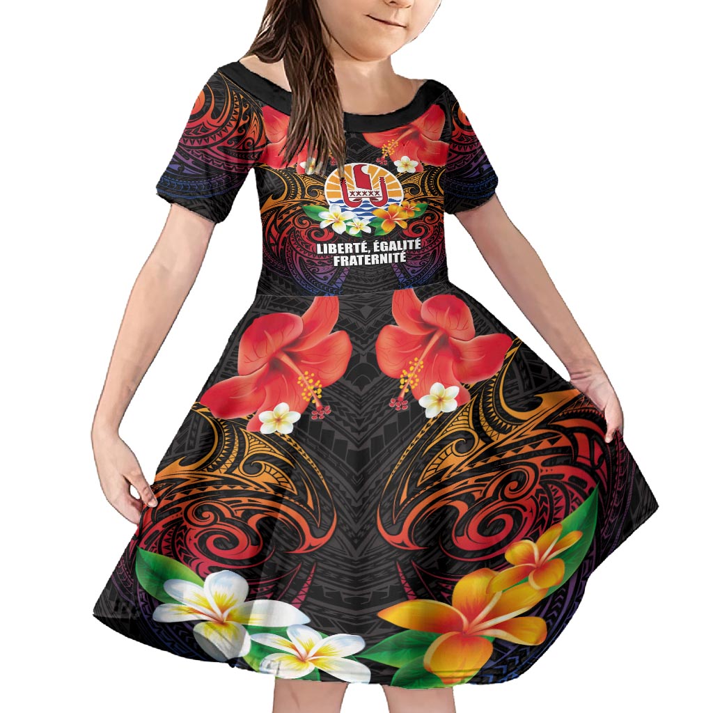 French Polynesia Bastille Day Family Matching Long Sleeve Bodycon Dress and Hawaiian Shirt Tiare Flower and National Seal Polynesian Pattern LT03 Daughter's Dress Black - Polynesian Pride