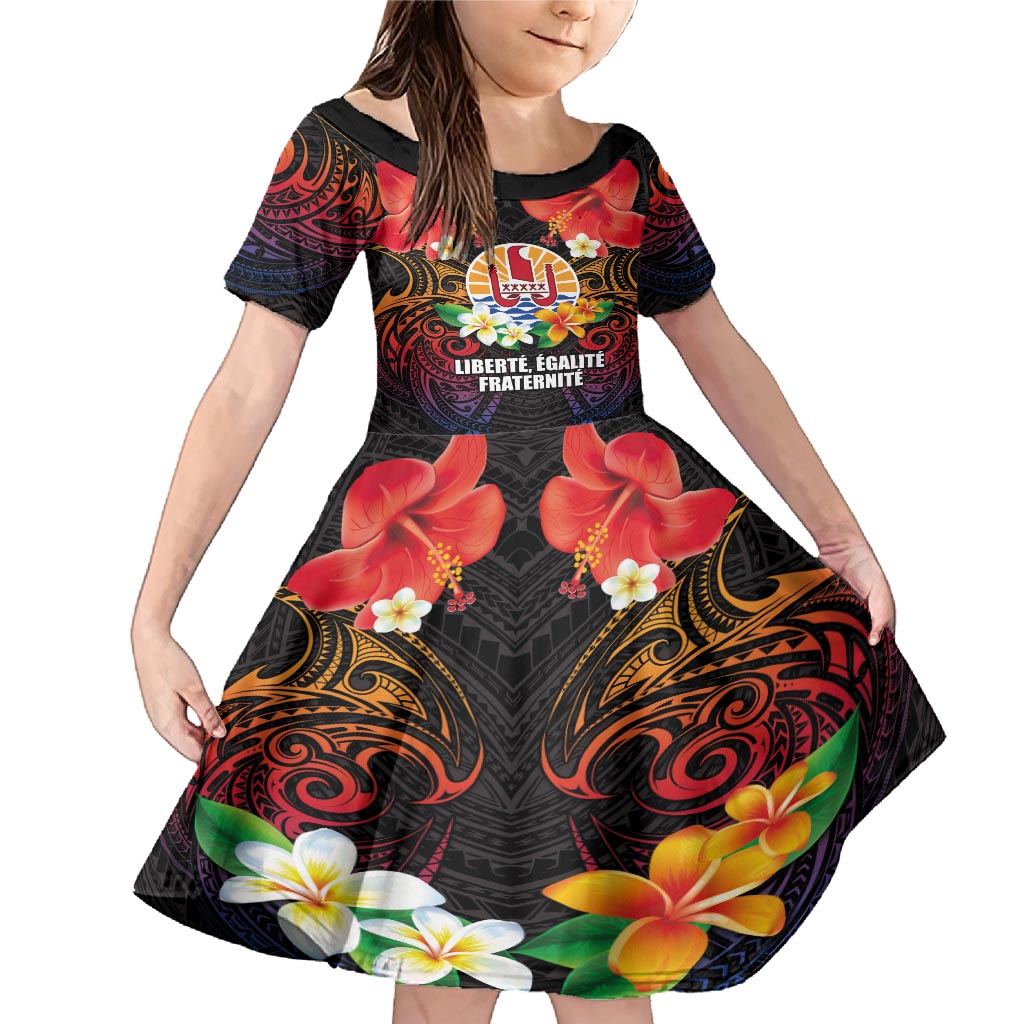 French Polynesia Bastille Day Family Matching Mermaid Dress and Hawaiian Shirt Tiare Flower and National Seal Polynesian Pattern LT03 Daughter's Dress Black - Polynesian Pride