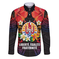 French Polynesia Bastille Day Family Matching Mermaid Dress and Hawaiian Shirt Tiare Flower and National Seal Polynesian Pattern LT03 Dad's Shirt - Long Sleeve Black - Polynesian Pride