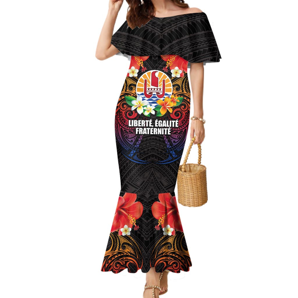 French Polynesia Bastille Day Family Matching Mermaid Dress and Hawaiian Shirt Tiare Flower and National Seal Polynesian Pattern LT03 Mom's Dress Black - Polynesian Pride