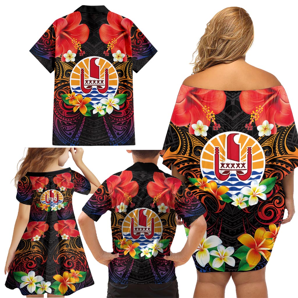 French Polynesia Bastille Day Family Matching Off Shoulder Short Dress and Hawaiian Shirt Tiare Flower and National Seal Polynesian Pattern