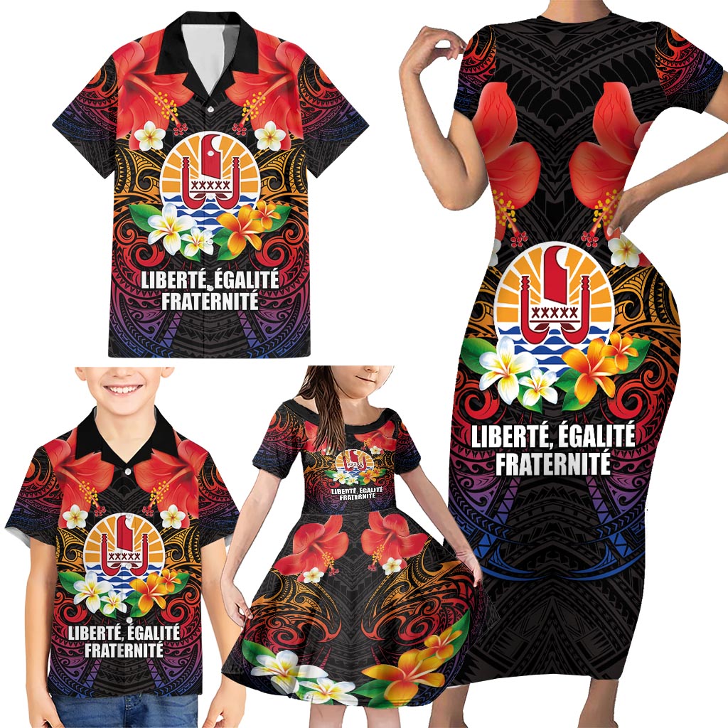 French Polynesia Bastille Day Family Matching Short Sleeve Bodycon Dress and Hawaiian Shirt Tiare Flower and National Seal Polynesian Pattern LT03 - Polynesian Pride