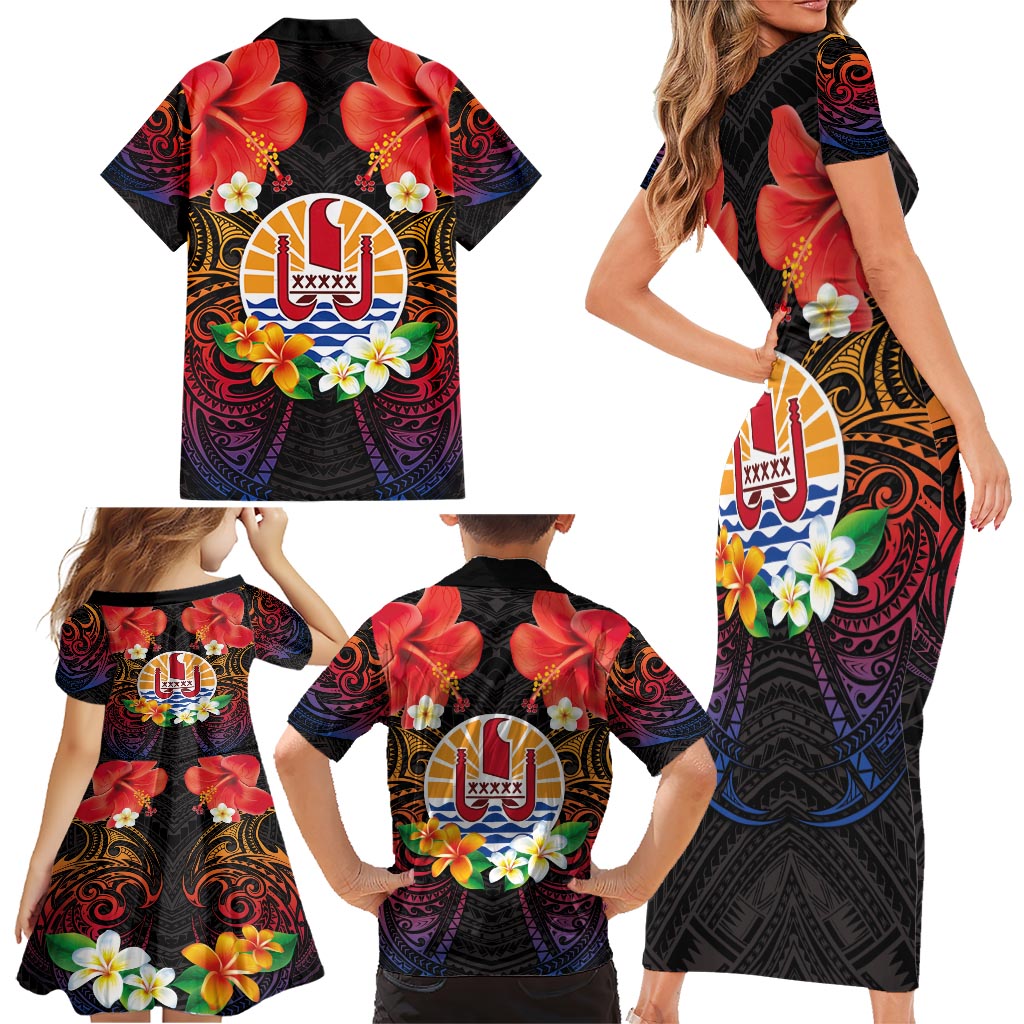 French Polynesia Bastille Day Family Matching Short Sleeve Bodycon Dress and Hawaiian Shirt Tiare Flower and National Seal Polynesian Pattern LT03 - Polynesian Pride