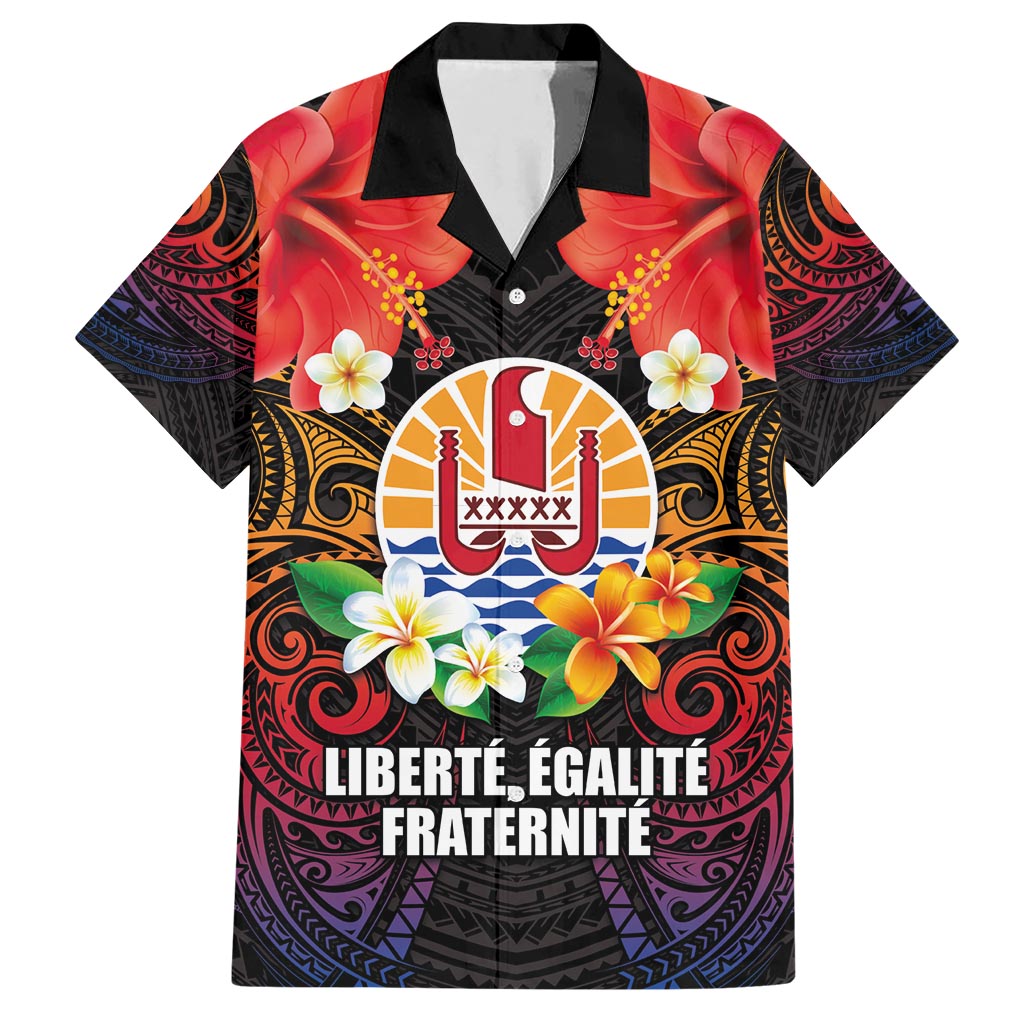 French Polynesia Bastille Day Hawaiian Shirt Tiare Flower and National Seal Polynesian Pattern