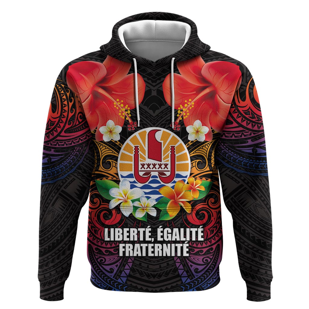 French Polynesia Bastille Day Hoodie Tiare Flower and National Seal Polynesian Pattern