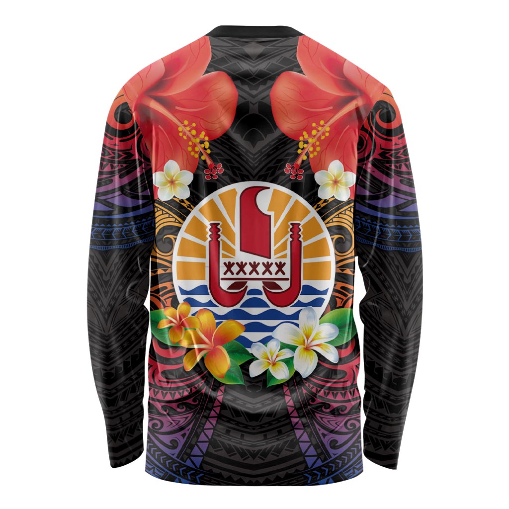 French Polynesia Bastille Day Long Sleeve Shirt Tiare Flower and National Seal Polynesian Pattern