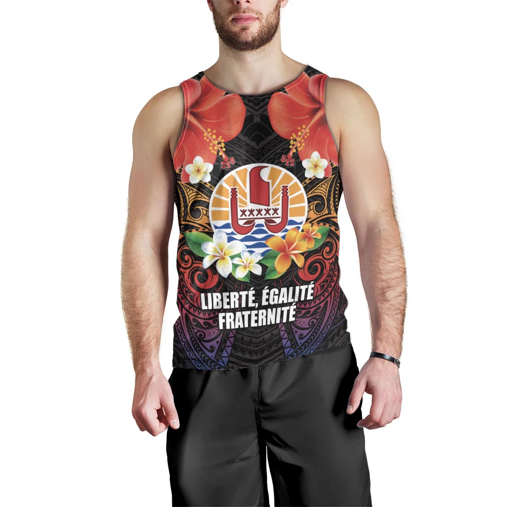 French Polynesia Bastille Day Men Tank Top Tiare Flower and National Seal Polynesian Pattern