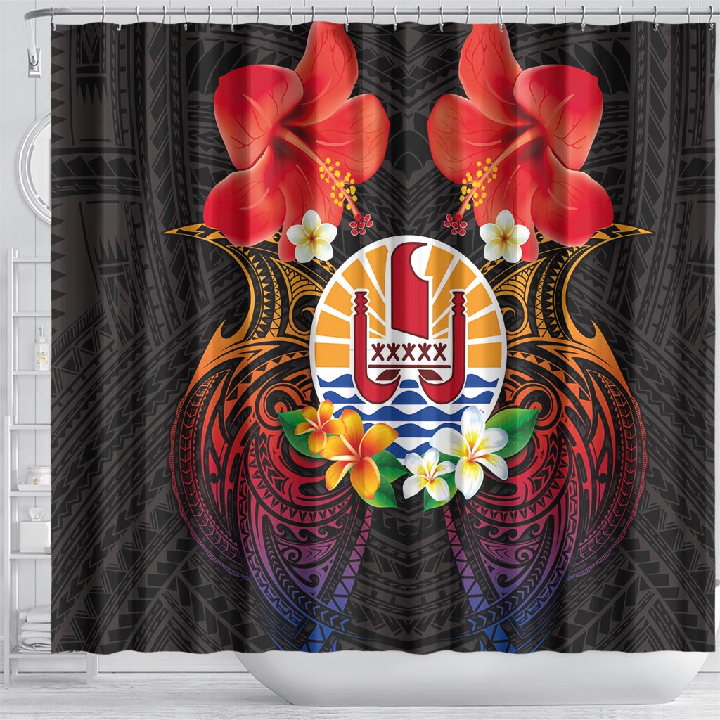 French Polynesia Bastille Day Shower Curtain Tiare Flower and National Seal Polynesian Pattern