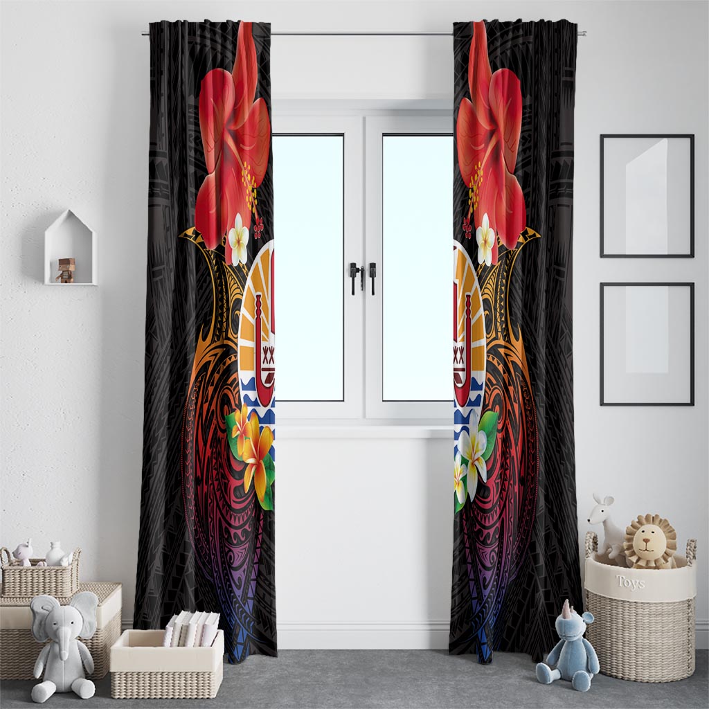 French Polynesia Bastille Day Window Curtain Tiare Flower and National Seal Polynesian Pattern