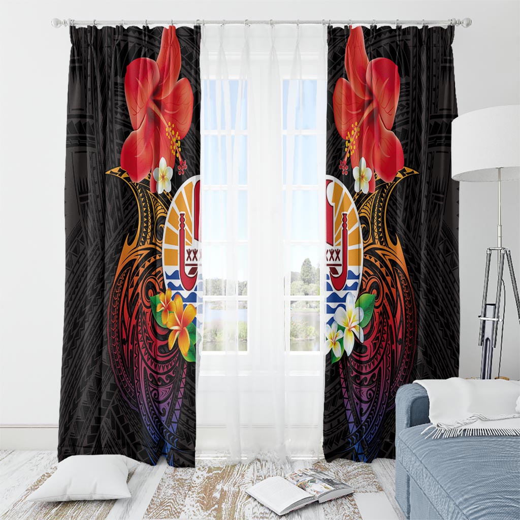 French Polynesia Bastille Day Window Curtain Tiare Flower and National Seal Polynesian Pattern