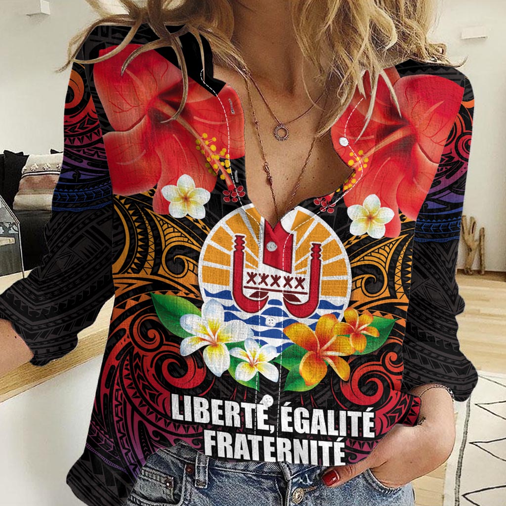 French Polynesia Bastille Day Women Casual Shirt Tiare Flower and National Seal Polynesian Pattern LT03 Female Black - Polynesian Pride