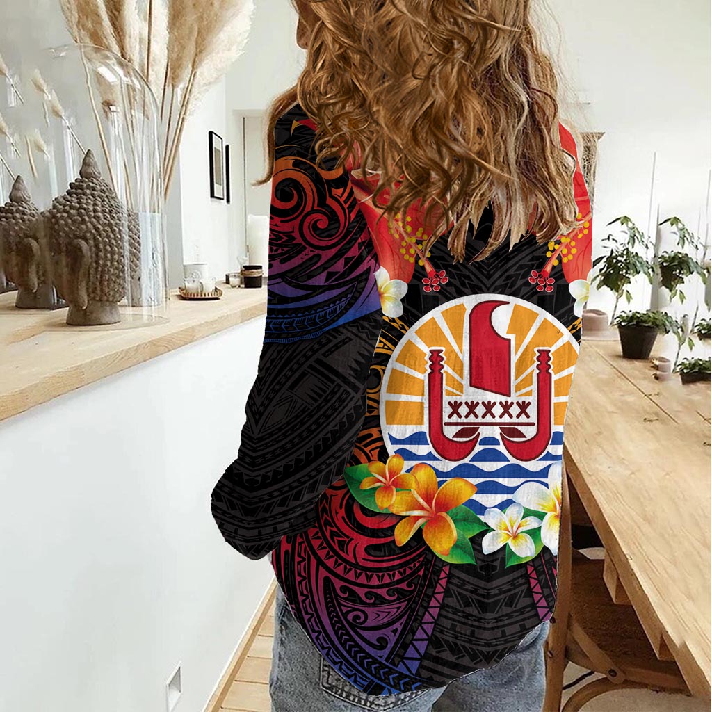 French Polynesia Bastille Day Women Casual Shirt Tiare Flower and National Seal Polynesian Pattern LT03 - Polynesian Pride