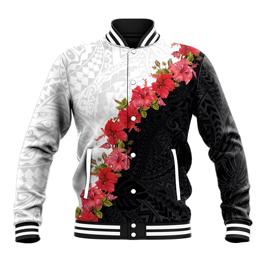 Hawaii Red Hibiscus Flowers Baseball Jacket Polynesian Pattern With Half Black White Version