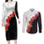 Hawaii Red Hibiscus Flowers Couples Matching Long Sleeve Bodycon Dress and Long Sleeve Button Shirt Polynesian Pattern With Half Black White Version