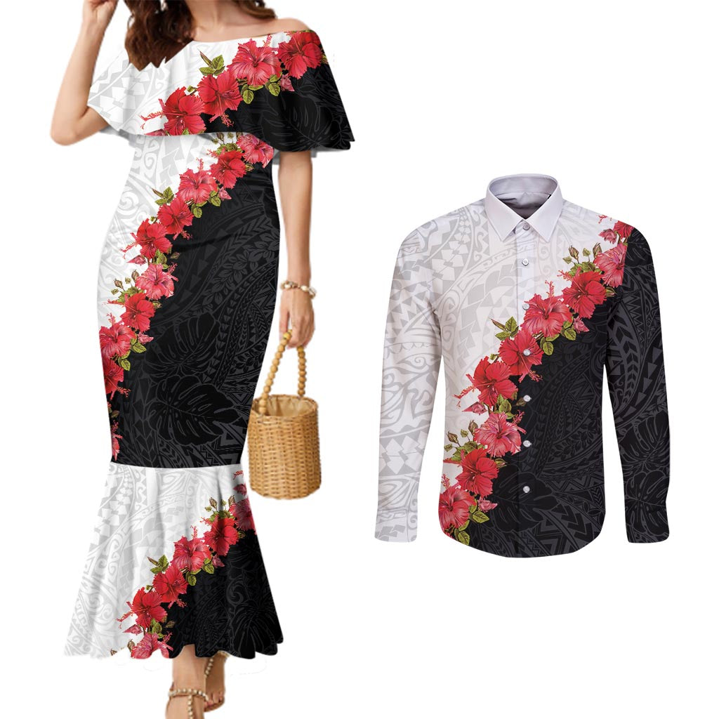 Hawaii Red Hibiscus Flowers Couples Matching Mermaid Dress and Long Sleeve Button Shirt Polynesian Pattern With Half Black White Version