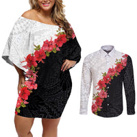 Hawaii Red Hibiscus Flowers Couples Matching Off Shoulder Short Dress and Long Sleeve Button Shirt Polynesian Pattern With Half Black White Version