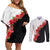Hawaii Red Hibiscus Flowers Couples Matching Off Shoulder Short Dress and Long Sleeve Button Shirt Polynesian Pattern With Half Black White Version
