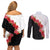 Hawaii Red Hibiscus Flowers Couples Matching Off Shoulder Short Dress and Long Sleeve Button Shirt Polynesian Pattern With Half Black White Version
