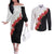 Hawaii Red Hibiscus Flowers Couples Matching Off The Shoulder Long Sleeve Dress and Long Sleeve Button Shirt Polynesian Pattern With Half Black White Version
