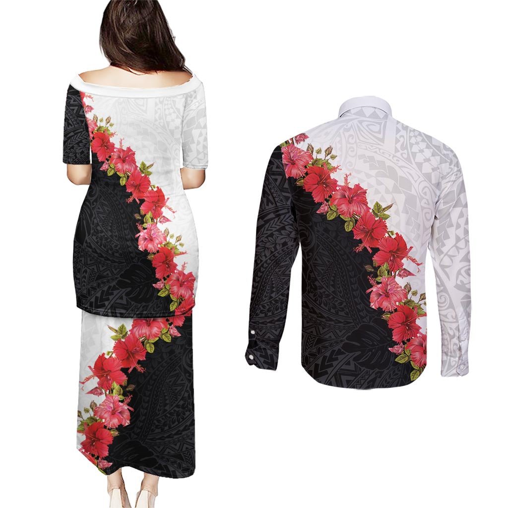 Hawaii Red Hibiscus Flowers Couples Matching Puletasi and Long Sleeve Button Shirt Polynesian Pattern With Half Black White Version