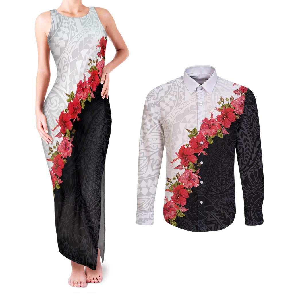 Hawaii Red Hibiscus Flowers Couples Matching Tank Maxi Dress and Long Sleeve Button Shirt Polynesian Pattern With Half Black White Version