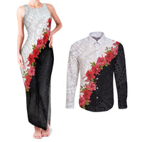 Hawaii Red Hibiscus Flowers Couples Matching Tank Maxi Dress and Long Sleeve Button Shirt Polynesian Pattern With Half Black White Version