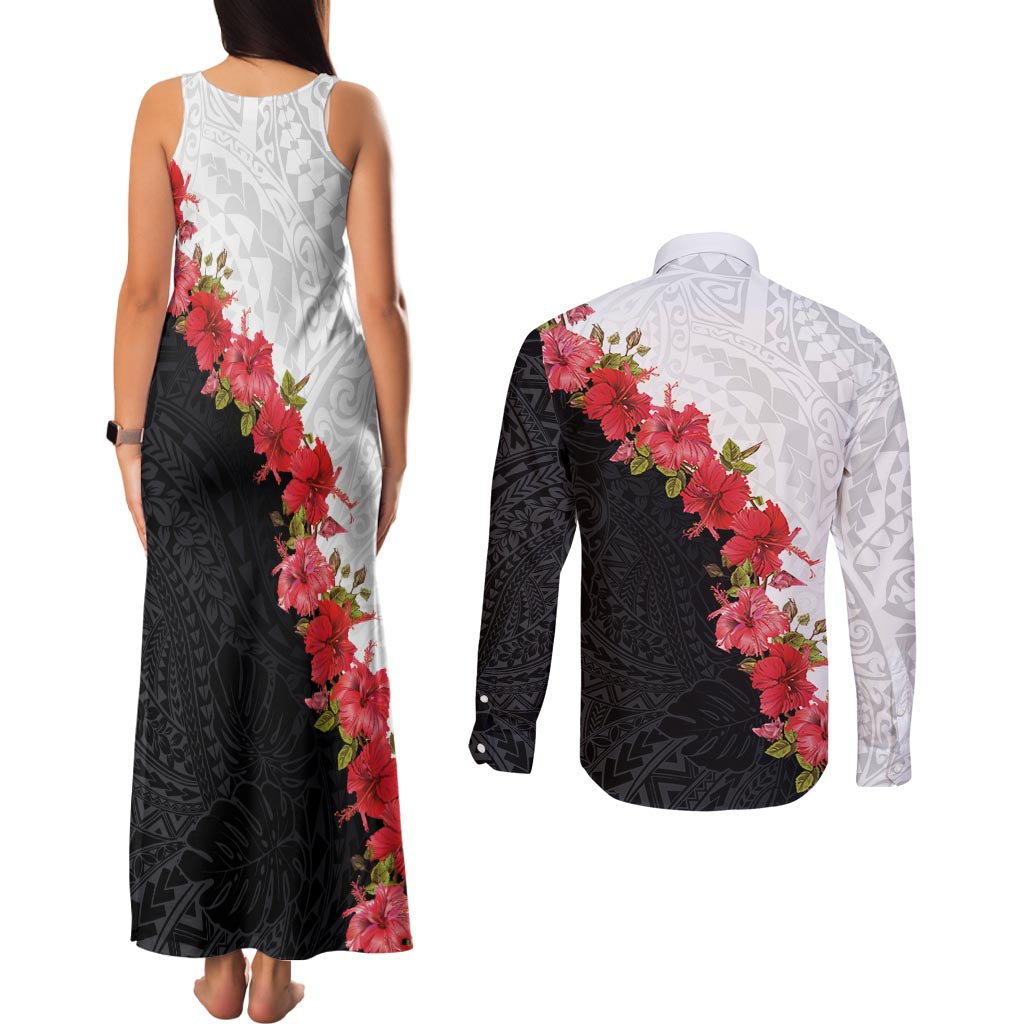 Hawaii Red Hibiscus Flowers Couples Matching Tank Maxi Dress and Long Sleeve Button Shirt Polynesian Pattern With Half Black White Version