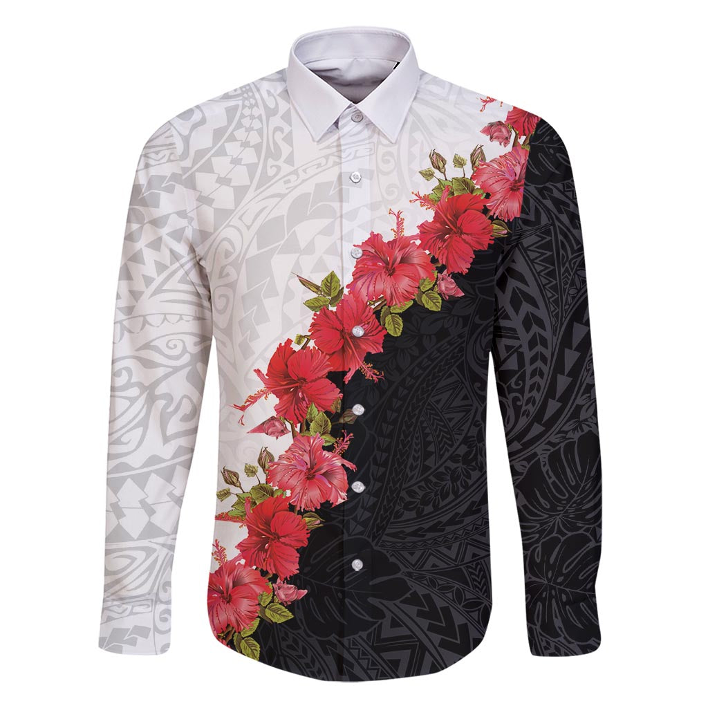 Hawaii Red Hibiscus Flowers Family Matching Mermaid Dress and Hawaiian Shirt Polynesian Pattern With Half Black White Version