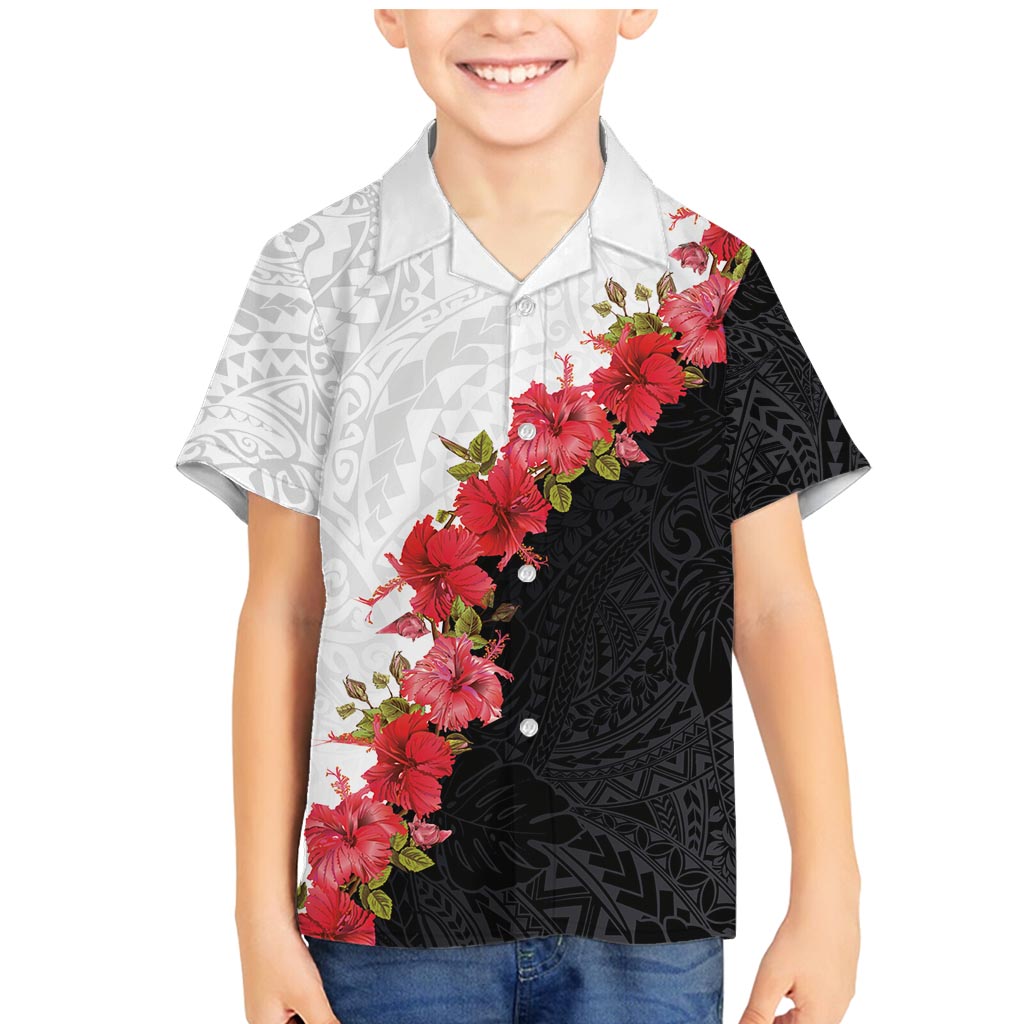 Hawaii Red Hibiscus Flowers Family Matching Mermaid Dress and Hawaiian Shirt Polynesian Pattern With Half Black White Version