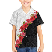 Hawaii Red Hibiscus Flowers Family Matching Off The Shoulder Long Sleeve Dress and Hawaiian Shirt Polynesian Pattern With Half Black White Version