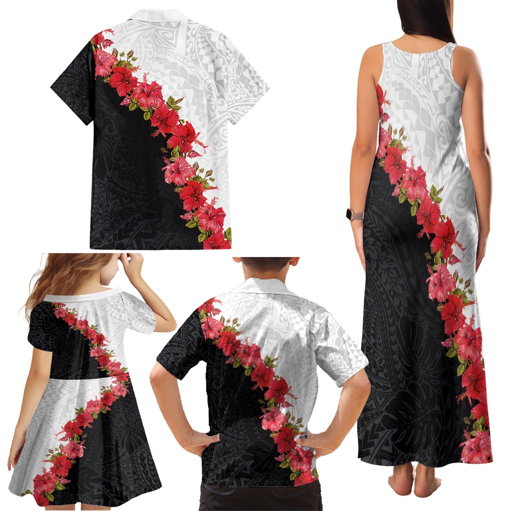 Hawaii Red Hibiscus Flowers Family Matching Tank Maxi Dress and Hawaiian Shirt Polynesian Pattern With Half Black White Version