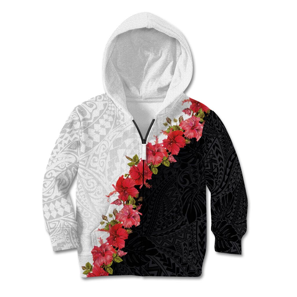 Hawaii Red Hibiscus Flowers Kid Hoodie Polynesian Pattern With Half Black White Version