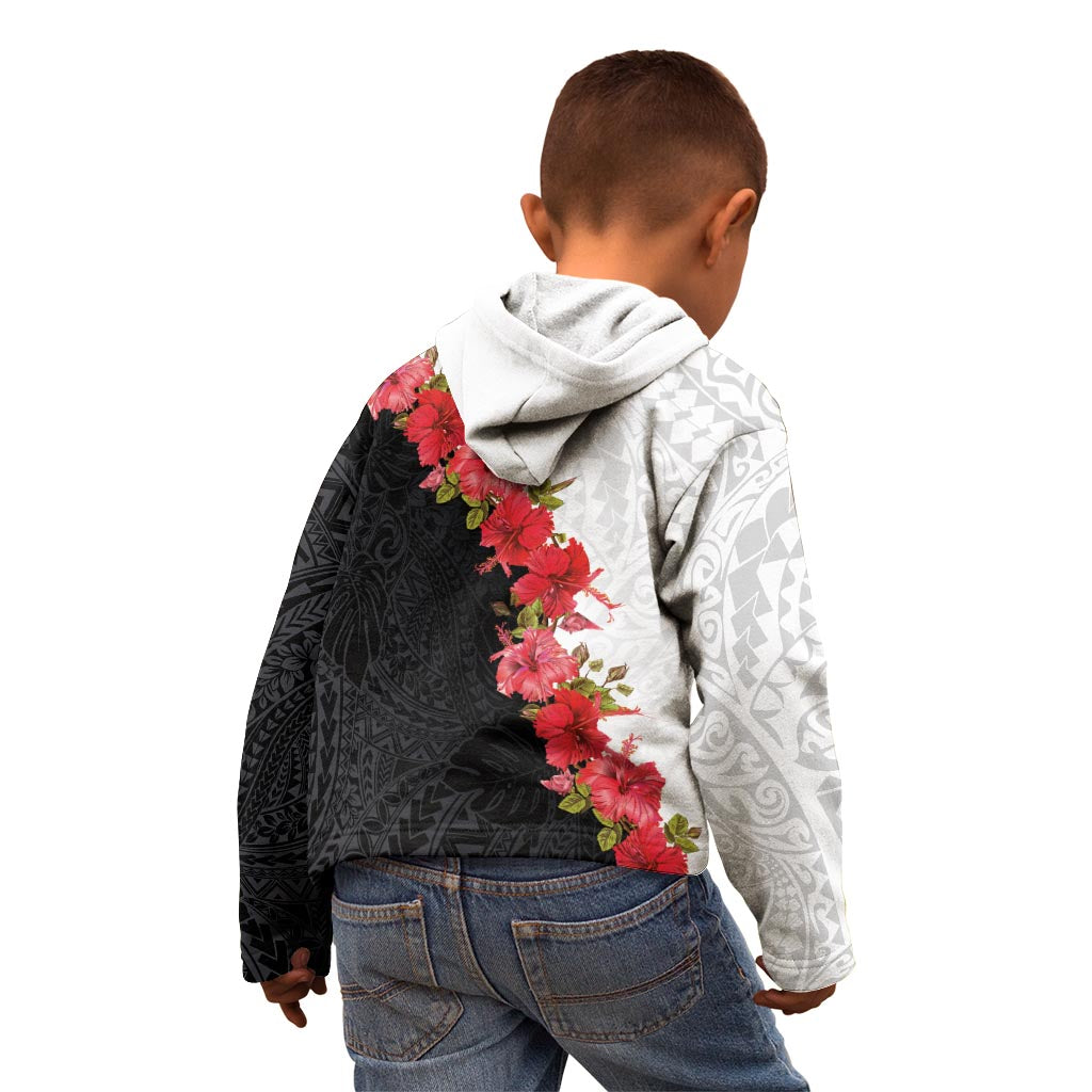 Hawaii Red Hibiscus Flowers Kid Hoodie Polynesian Pattern With Half Black White Version