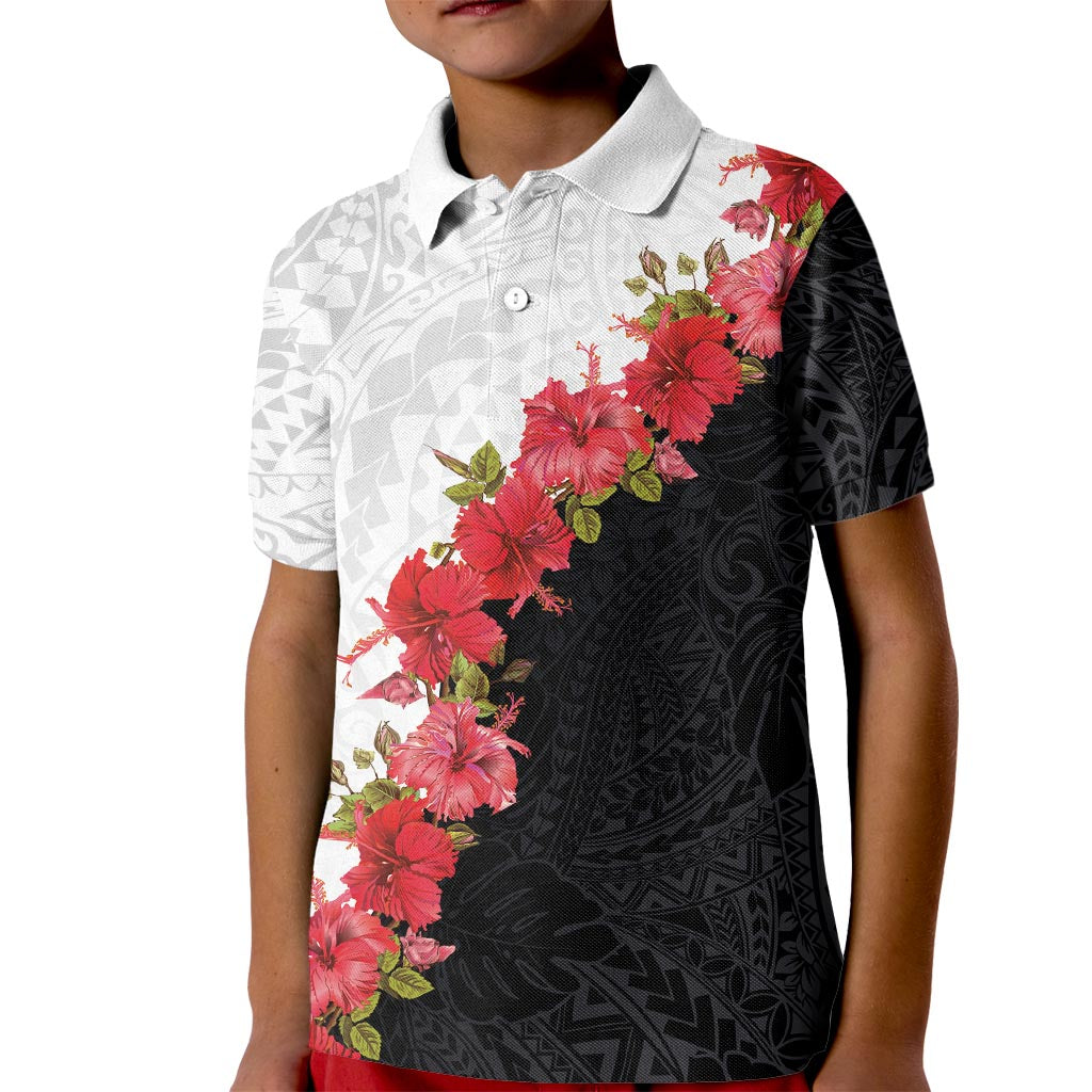 Hawaii Red Hibiscus Flowers Kid Polo Shirt Polynesian Pattern With Half Black White Version LT03 Kid Black - Polynesian Pride