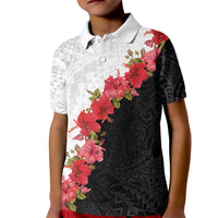 Hawaii Red Hibiscus Flowers Kid Polo Shirt Polynesian Pattern With Half Black White Version LT03 Kid Black - Polynesian Pride