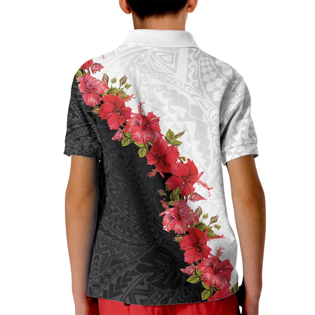Hawaii Red Hibiscus Flowers Kid Polo Shirt Polynesian Pattern With Half Black White Version LT03 - Polynesian Pride
