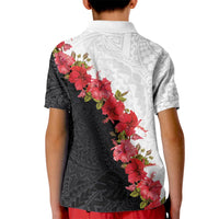 Hawaii Red Hibiscus Flowers Kid Polo Shirt Polynesian Pattern With Half Black White Version LT03 - Polynesian Pride