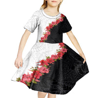 Hawaii Red Hibiscus Flowers Kid Short Sleeve Dress Polynesian Pattern With Half Black White Version