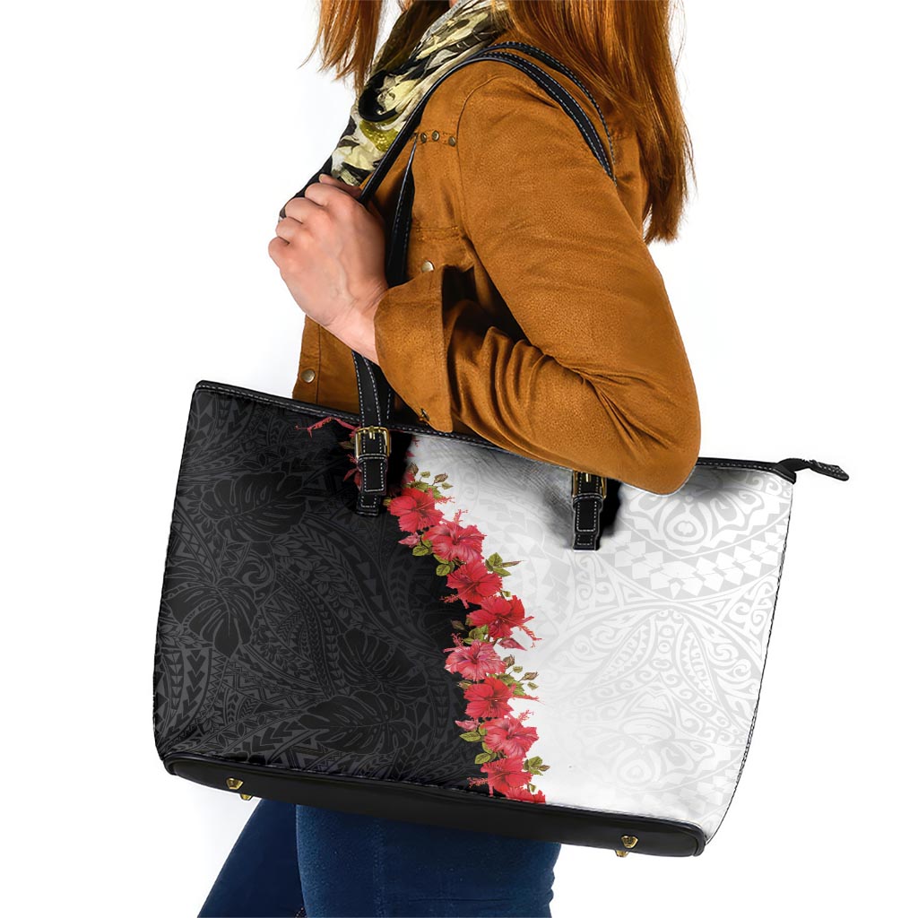 Hawaii Red Hibiscus Flowers Leather Tote Bag Polynesian Pattern With Half Black White Version